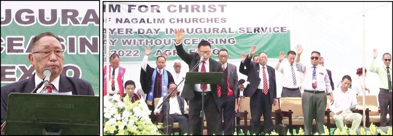 (Left) Rev Dr VK Nuh, Chairperson, Naga Archive & Research Centre, Dimapur speaks during the Naga National Prayer Day held at Agri Expo Dimapur on October 16. (Right) Rev L Kari Longchar, former Director, Peace Affairs, Nagaland Baptist Church Council (NBCC), pronouncing the benediction at the event. (Morung Photo).